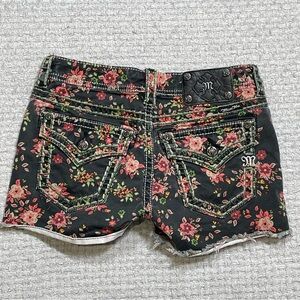 Miss Me Cargo Booty Shorts Floral Cut Offs Black Pink Blingy Stitching Size 27